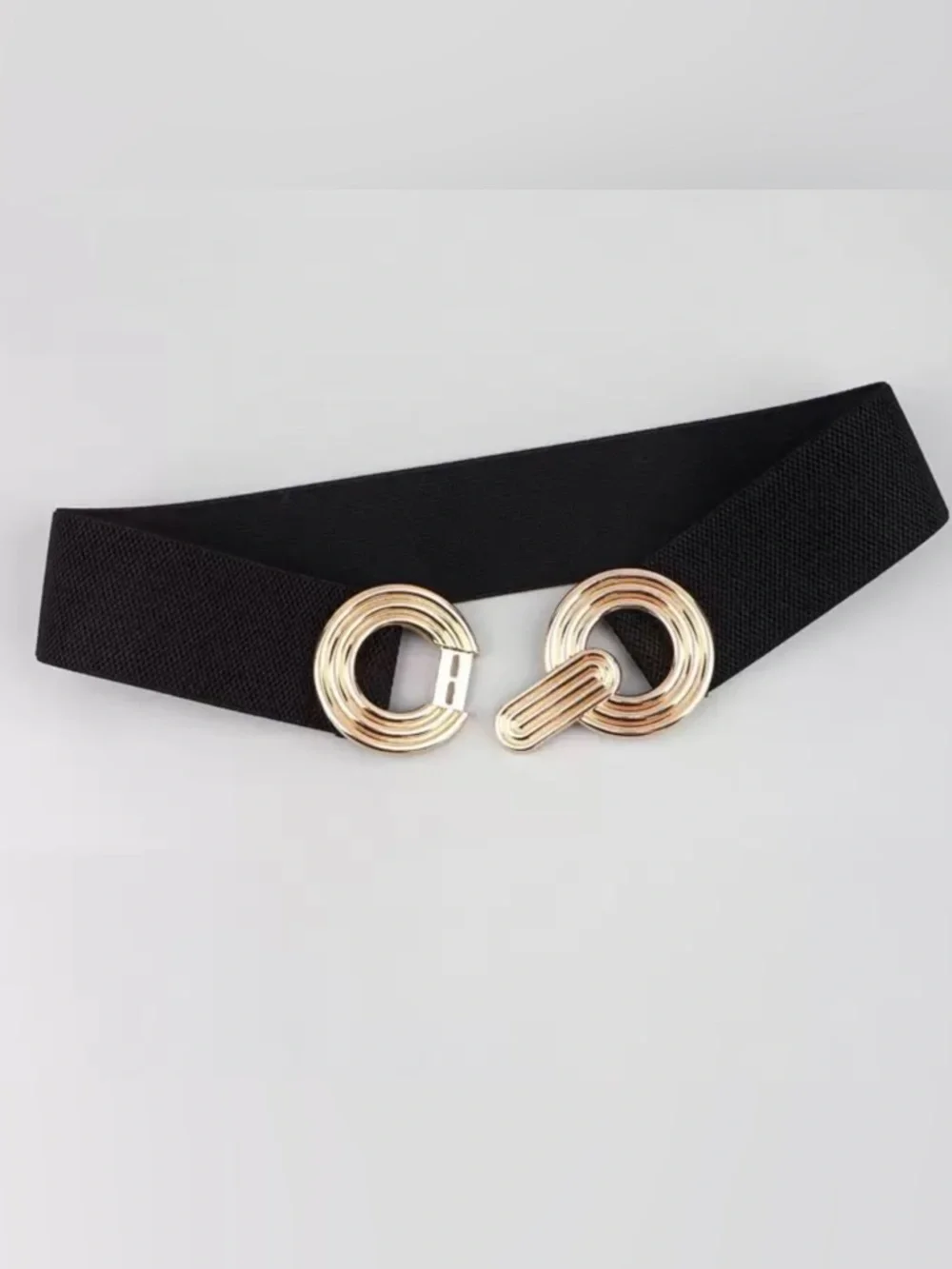 Gold Buckle Black Elastic Waist Belt - Women's Accessory
